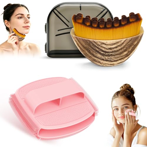 Silicone Face Scrubber & Lymphatic Contour Face Brush Set, Soft Facial Brush with Unique Side-Bristle for Gentle Exfoliating & Deep Cleansing, Lymphatic Drainage Massager for Sculpting(Pink) - color: Pink Set