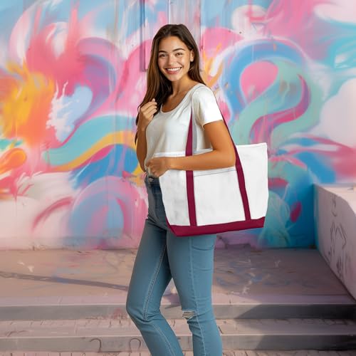 DALIX 23" Premium 24 oz. Cotton Canvas Shopping Tote Bag - color: Crimson