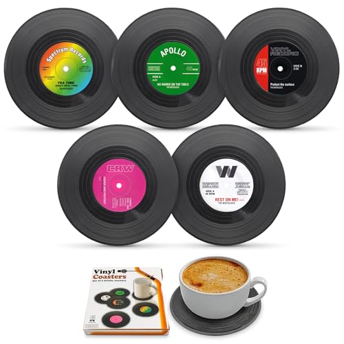 Vintage Vinyl Record Coasters Set of 6, Non-Slip, 4.1" Lightweight - color: 5 Pcs Black Coasters
