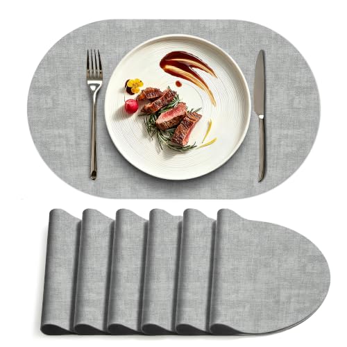 Placemats Set of 6, 17.7 x 11.8 Inch Oval Faux Leather Place Mats - color: R-light Gray