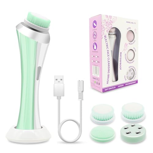 Facial Cleansing Brush, Electric Face Scrubber with 4 Brush Heads, Rechargeable USB Charging Dock, IPX4 Waterproof, 8000 RPM Dual Speed, Deep Cleansing & Exfoliation for All Skin Types (Green) - color: Green