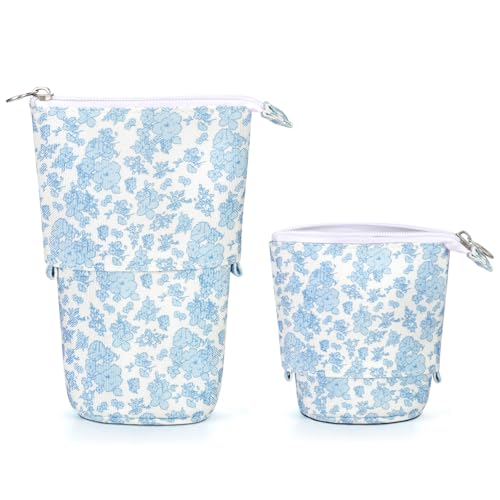 Cute Standing Pencil Case Pen Holder for Kids, Pop Up Stand UP Bubble Tea Pen Organizer Kawaii Stationary for Christmas Holiday New Year Office (Blue flowers) - color: Blue Flowers