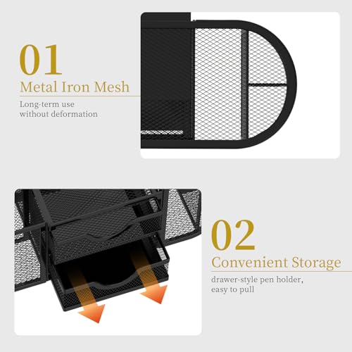 SUPEASY Mesh Desk Organizer, Pen Holder for Desk with 2 Drawers, Black - color: Obsidian Black