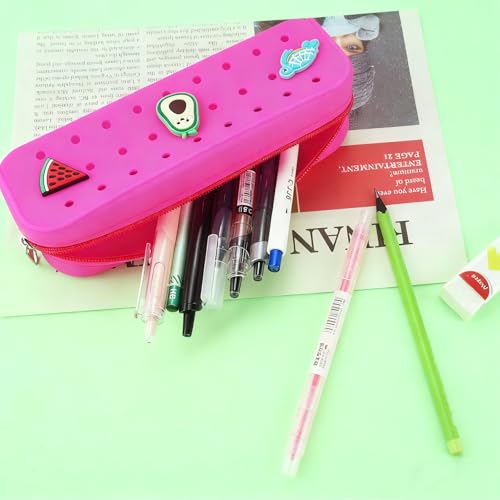 2 Packs Cute Silicone Pen Case Pen Pouch with DIY Holes and 3 Decoratives(Random) Travel Makeup Brush Bag suitable for travel home7.81inch (Hot Pink,2 Packs) - color: Hot Pink,2Packs