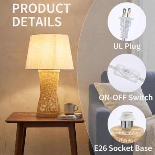 Boho Table Lamp, 17" Bamboo Bedside Lamp for Living Room