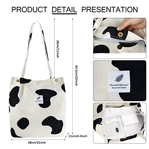 Ayieyill Corduroy Tote Bag for Women Canvas Shoulder Cord Purse with Inner Pocket - color: Cow