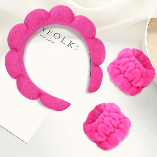 Beleki Spa Headband & Wristband Set - Sponge Terry Cloth Bubble Puffy Hairband - Non Slip Headwear - Hot Pink - 3 Pcs - color: Hot Pink