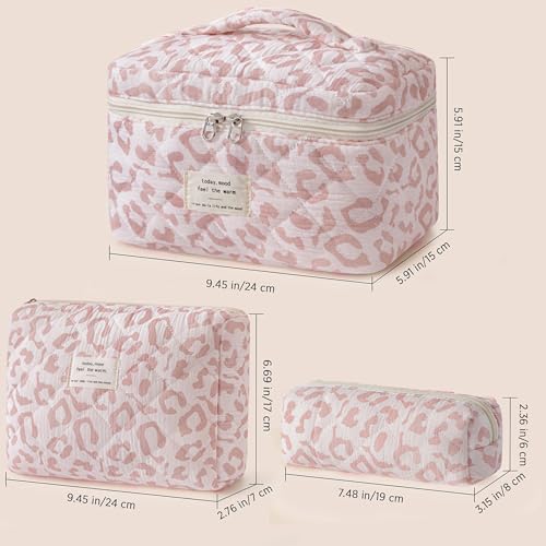 HBselect Quilted Makeup Bag, 3Pcs Cotton Large Travel Makeup Bags Organizer - color: A-3PCS-Floral 29