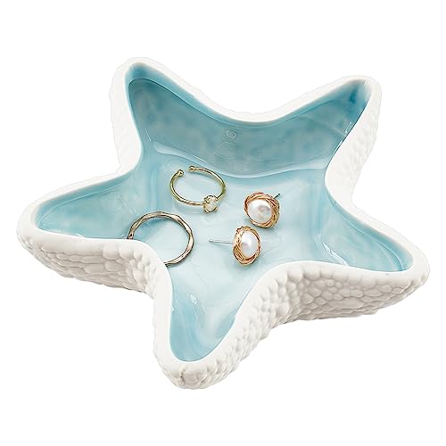 NBEADS Starfish Shape Ceramic Jewelry Tray, Aqua Shell Trinket Dish Ceramic Ring Earring Holder Ocean-themed Decorative Trinket Plate for Rings Earrings Necklaces Bracelet Jewelry Watch Keys - color: Blue&White-Starfish