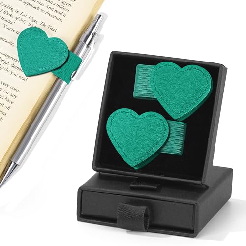 2Pcs Magnetic Leather Bookmarks with Pen Holder Gift Box, Heart-Shaped Magnetic Book Marks for Book Lover Readers Cute Leather Bookmark for Women Girls (Teal) - color: Teal