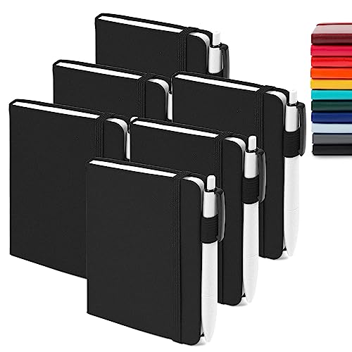 feela 6 Pack Pocket Mini Notebooks Bulk, Small Cute Memo Notepads Hardcover College Ruled Lined Journals with Pen Holder for School Business Work, with 6 Black Pens, 3.5”x 5.5”, A6, Black - color: A6 6 Black