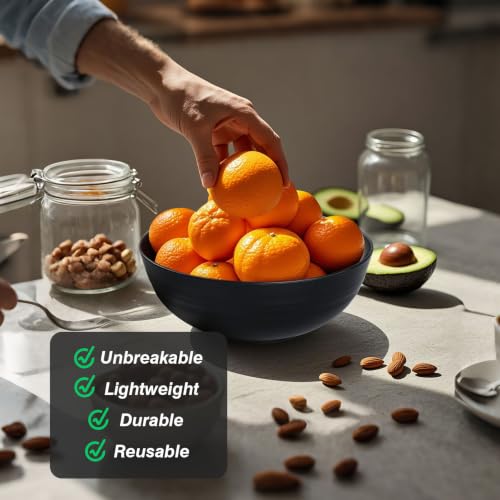 Greentainer Unbreakable Large Salad Bowls, 76 oz Plastic Serving Bowl Set of 6, Lightweight Black Bowl for Soup, Cereal, Fruit, Popcorn, Dishwasher & Microwave Safe - color: Black