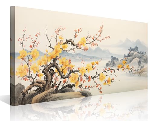 Traditional Chinese Painting - Asian Wall Art: Yellow Plum Blossom Canvas, Cherry Blossom Landscape, Framed, Ready to Hang for Living Room Decor - color: Yellow-One Piece, size: 24"L x 12"W