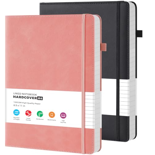 FOCUS DAY Lined Journal Notebook for Work, A4 Large Size 8.5" x 11", 2 Pack, for Women Men Travelers Writing, School Office Supplies, Black & Pink - color: Black Pink, size: A4