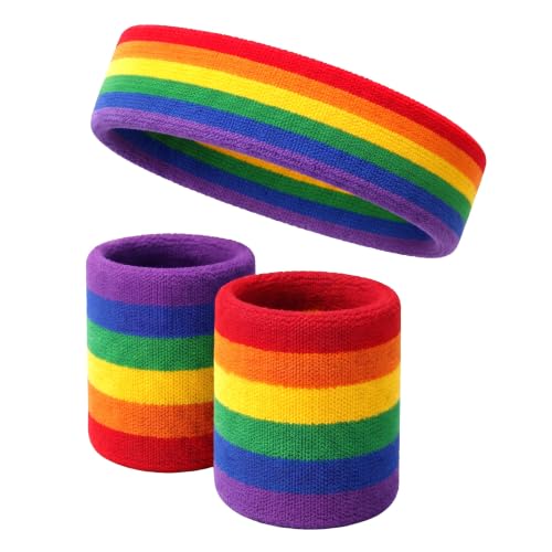 COUVER 3 Color Striped Sports Sweatband Set - color: Rainbow