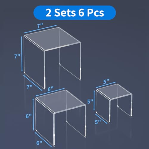 NIUBEE Acrylic Risers Display Stand 2 Set, Clear Display Risers Shelf,5x6x7 - size: (5,6,7)" x 2Set