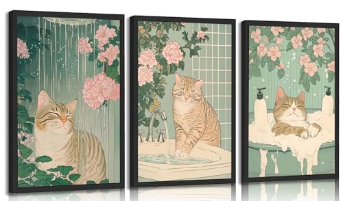3Pcs Cute Funny Japanese bathroom Cat Canvas Wall Art plant flower Tabby Cat Posters Prints paintings Vintage Japan Toilet Wall Decor Pictures for Bathroom Toilet Home Decoration Unframed - color: Bathroom cat