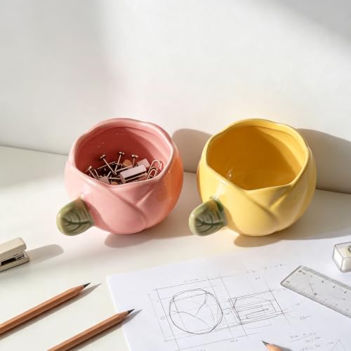 2 Pack Tulip Ceramic Paper Clip Holder, Flower Office Desk Decor - color: Tulip Pink+Yellow