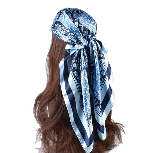 35 Inches Silk Head Scarf-Satin Hair Scarves Silk Bandana Scarf Headscarf for Women's Fashion Scarves - color: Blue-large Cashews