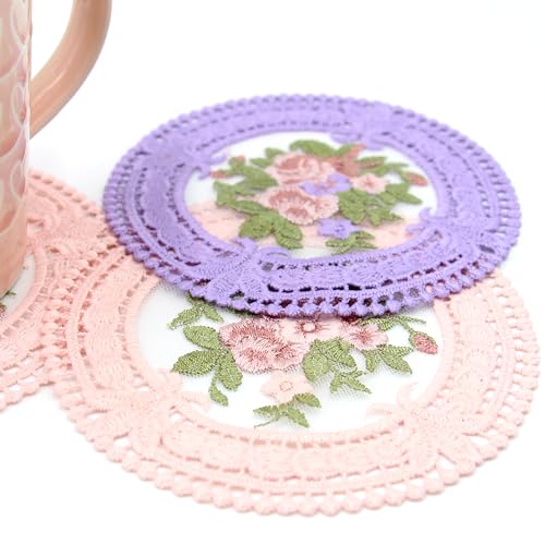 Vintage Crocheted Lace Doilies, Lavender Embroidered Fabric Coasters, Lilac Lace Embroidery Decor for Tabletop Photography (Purple, 8pk) - color: Purple