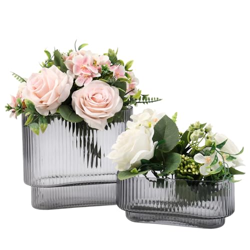 Short Glass Vases, Set of 2 Black Glass Vases for Tulips, Ribbed Vase for Flowers, Modern Small Vase for Living Room, Dining Room, Bathroom, Desk, Shelf, Wedding, Office - color: Gray, size: Oval x2