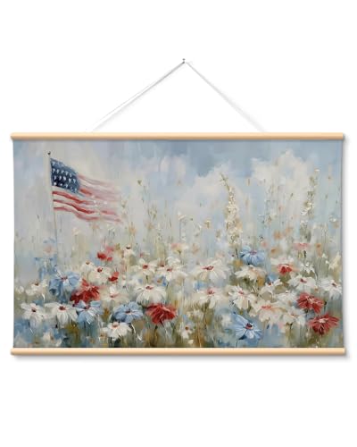 VIYYIEA Extra Large Patriotic July 4th Landscape Canvas Wall Art, 36x54in - color: Patriotic Floral Scroll