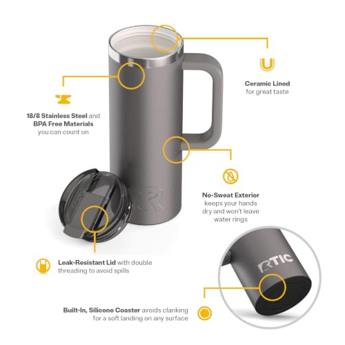 RTIC 20oz Road Trip Travel Mug with Lid and Handle, Ceramic Lined, Graphite - color: Graphite, size: 20 Ounces