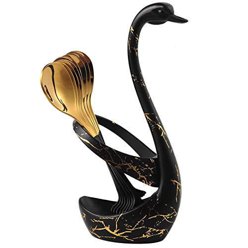 AnSaw Black Swan Base With 10-Pcs Mini Leaf Coffee Spoon Holder Set - 4.7" - color: Black & Gold Swan