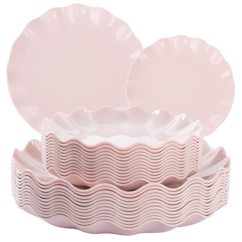 LIYH 24 Pcs Pink Plastic Plates Reusable, Pink Scalloped Plates Durable and Dishwasher Safe, Light Weight Daisy Wavy Plate Parties, Birthday, Picnics, BPA Free(12Guests) - color: Pink, size: 24(12 Guests)