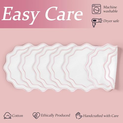 Set of 6 Pink Cotton Linen Coasters 5.5 Inch Embroidery Scalloped Coasters Floral Drink Mats for Table Decor Washable Fabric Cup Mats for Wedding Tea Party Festival Spring Holiday Entertaining - color: Pink