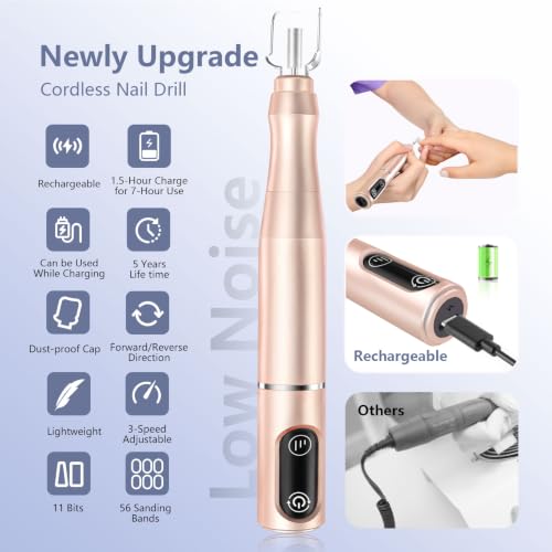 TUOBEO Cordless Nail Drill Electric Nail File Kit, Rechargeable Efile Set - color: Gold