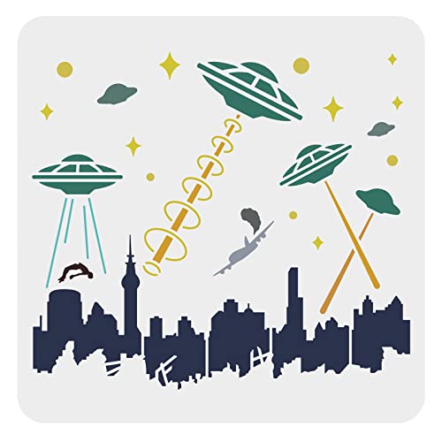 FINGERINSPIRE UFO Attack on City Stencil 11.8x11.8inch, Alien Template Stencils UFO Spaceship Humans City Buildings Pattern PET Reusable Large Stencils for Painting on Wood, Floor, Wall, Fabric - color: UFO Attack City