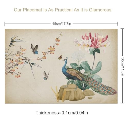 Japanese Placemats Set of 4, 12x18 Inch Traditional Vintage Peacock Oriental Floral Asian Ink Painting Butterfly Seasonal Spring Holiday Coffee Table Mats for Party Kitchen Dining Decoration - color: Pm-floral Bird01, size: 4pcs