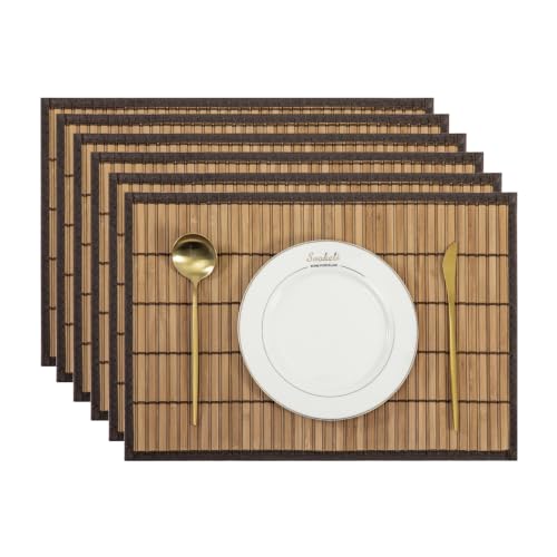 Bamboo Placemats Set of 6 with Fabric Border, Table Mats, Brown - color: Brown, size: Set of 6