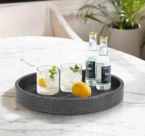 HofferRuffer Faux Leather Round Serving Tray, Vegan Croco Leather Decorative Tray, Food Tray for Storage Drinks, Snack & Cosmetics, Dia.12'' x 1.6'' (Dark Grey) - color: Dark Grey, size: 12"