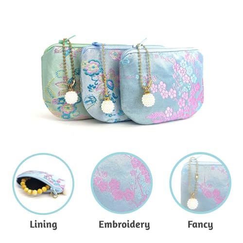 Handmade Women Coin Purse Brocade Rosary Bag Silk Jewelry Pouch Zipper Wallet - LightBlue_Pink - color: LightBlue_Pink