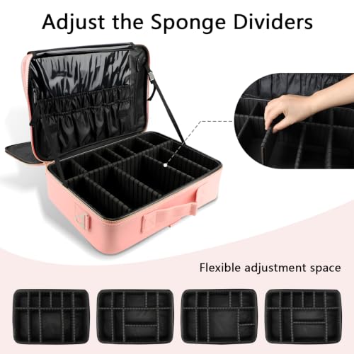 gzcz Large Capacity Travel Makeup Case Organizer,Professional Cosmetic Bags for Women,Waterproof PU Leather Makeup Bag with Adjustable Dividers and Shoulder Strap for Brushes and Jewelry - color: Criss Cross Pink, size: Large