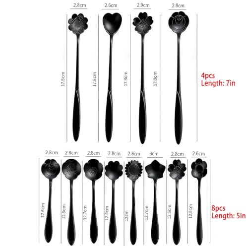 12 Pcs Flower Coffee Tea Spoons Set with Storage Bag, 4 Long & 8 Short Stainless Steel Teaspoons for Sugar Dessert Ice Cream Stirring, Cute Fancy Tableware for Tea Party Kitchen Cafe Bar(Black) - style: Black