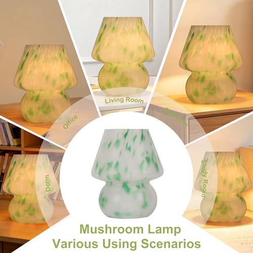 Mushroom Lamp with LED Bulb, Small Glass Bedside Lamp, Green&White - color: Green&White