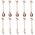 AnSaw 10-Pc Rose Gold Mini Spoons & Forks Set, 4.7" - Leaf Handle - color: Rose Gold