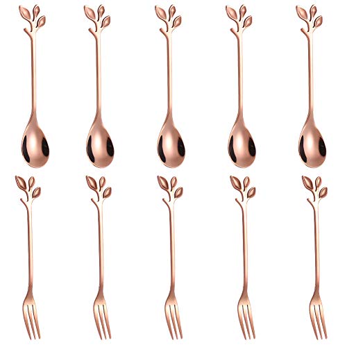 AnSaw 10-Pc Rose Gold Mini Spoons & Forks Set, 4.7" - Leaf Handle - color: Rose Gold