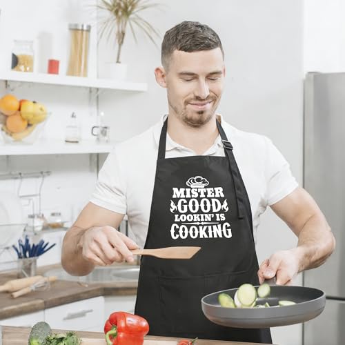 Funny Apron for Men Women,Humorous Kitchen Apron- Grilling Cooking BBQ Accessories, Gift for Dad Husband - color: Mister Good Lookin' is Cooking