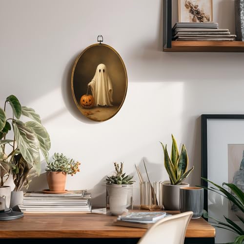 Ghost Pumpkin Oval Wall Art, Framed Canvas Decor, 8.5x11.5 Inch - color: Ghost Hold Pumpkin