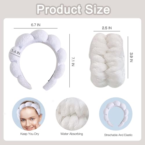 Beleki Spa Headband for Washing Face Wristband Set Sponge Headband Makeup Skincare Face Washing Headband Terry Cloth Bubble Puffy Hairband Non Slip Headwear Hair Accessory for Women - White - color: White