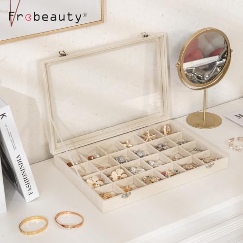 Frebeauty 24 Grid Earring Organizer,Velvet Jewelry Tray with Clear Lid - color: Beige, size: 24 Grid