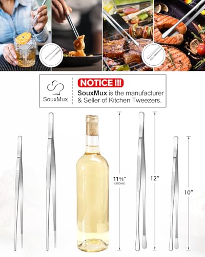 2 Pcs 10-inch Cooking Tweezers Tongs Precision Serrated Tips, Stainless Steel Professional Chef Tweezer Kitchen Tools for BBQ, Plating and Serving (Silver) - color: Silver, size: 10inch