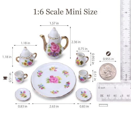 Miniature Tea Set 1/6 Scale Dollhouse Accessories Porcelain, Pink - color: Pink