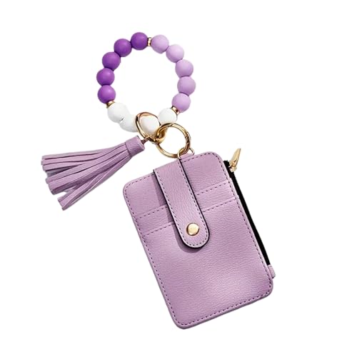 Boho Beaded Wallet Wristlet Keychain Card Holder Tassel Purse - color: A1:purple