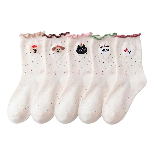 Chicingyou 10 Pairs Women Ruffle Socks Coquette Girly Frilly Cotton Crew Sock Bow Animal Heart Breathable Ankle Socks - color: Colorful, style: Animals