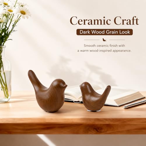 Ceramic Bird Figurines, Dark Wood Grain, 2 Pcs - color: Dark Wood Grain
